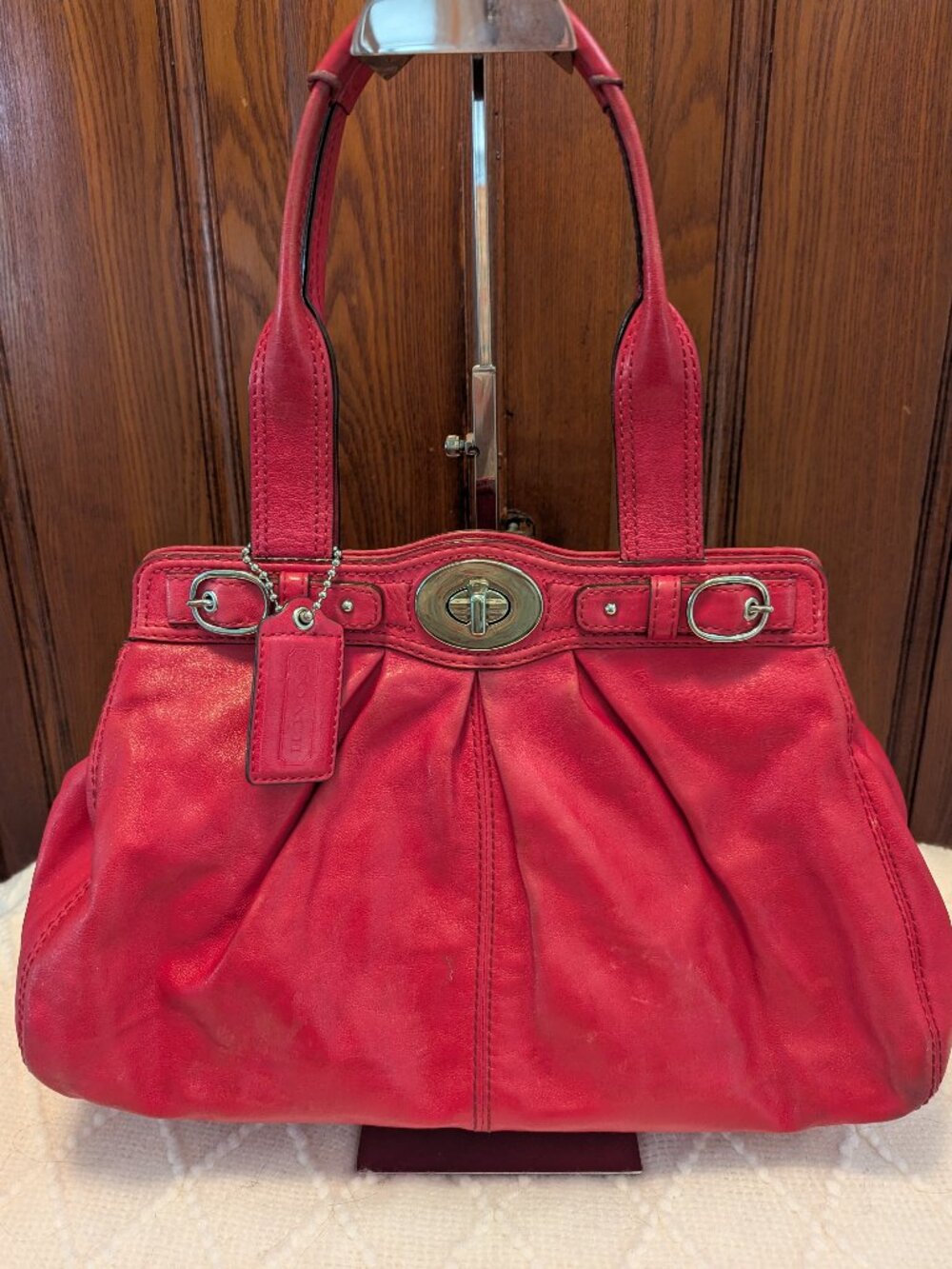 Coach Garnet Pink Leather Double-Handle Shoulder Bag with Turn-Lock